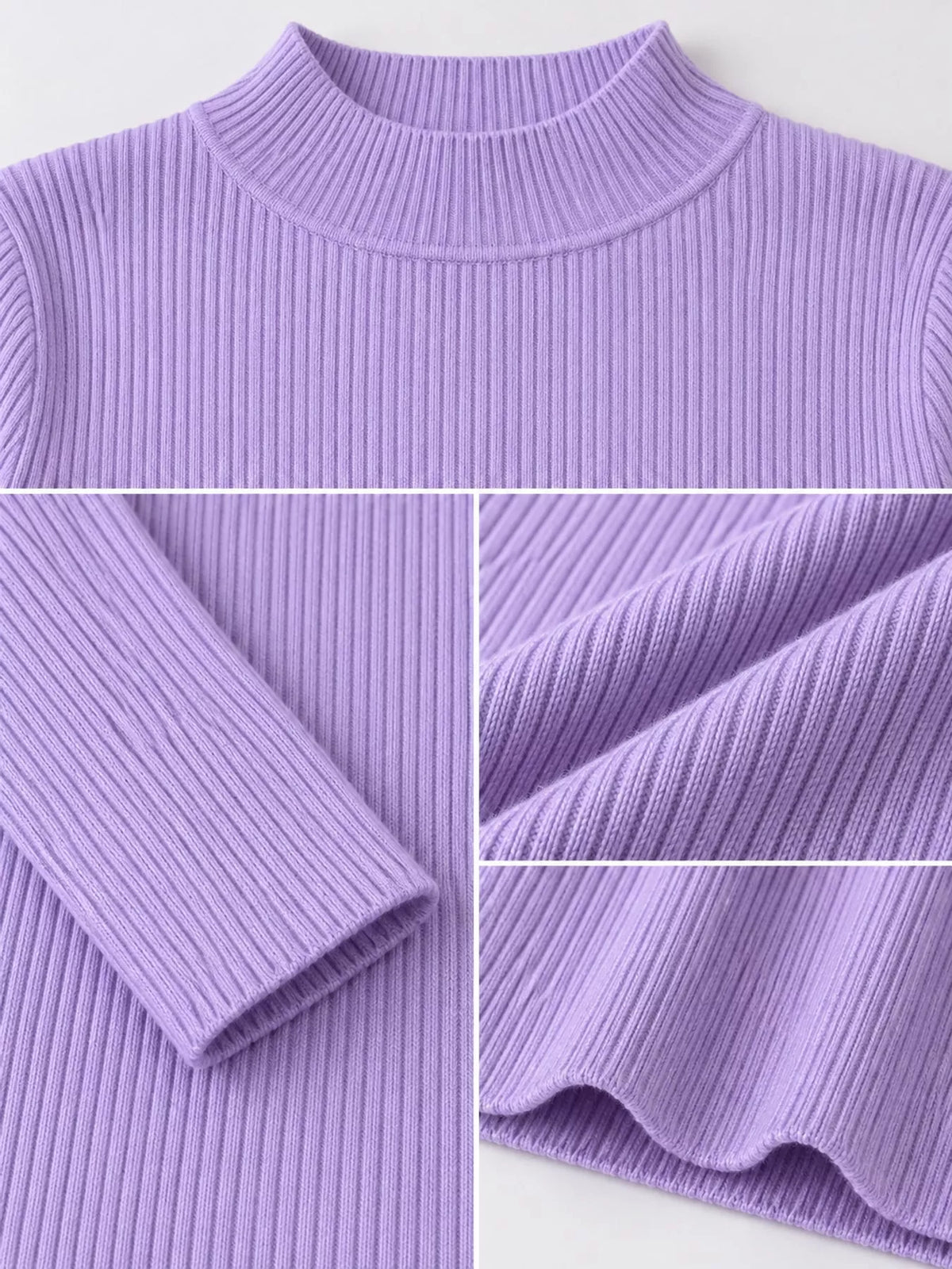 Lavender ribbed mock neck long sleeve knit top, ribbed knit and neckline detail