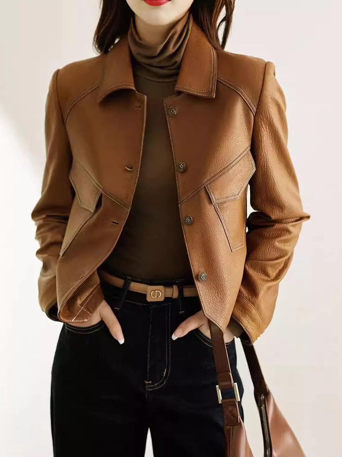 Collared long sleeve jacket, front view on model