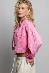 Trendsi POL Eyelet Textured Cotton Cropped Button-Front Jacket - Outerwear