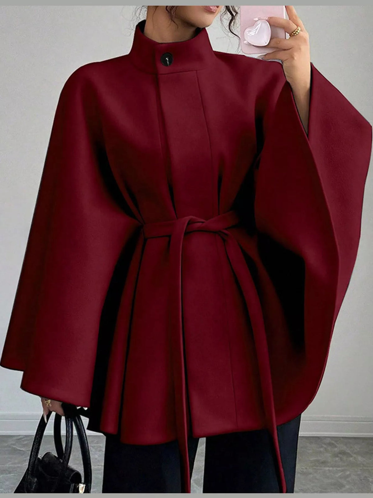 Burgundy tie-waist cape — front view