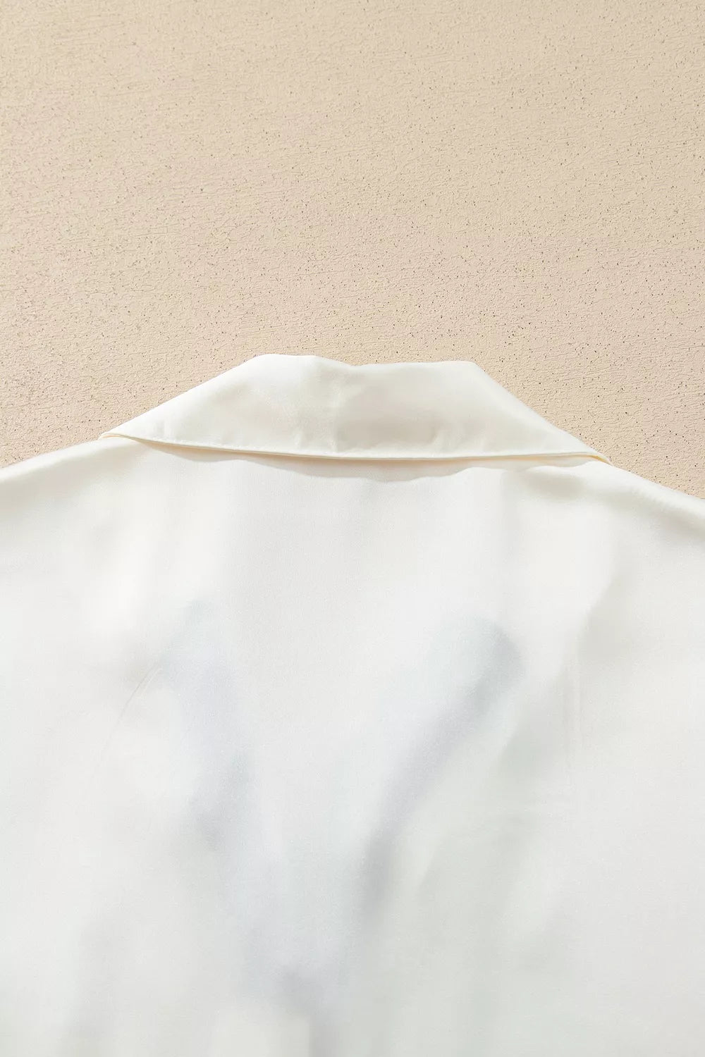 Ivory lace-trim button-front pajama set, back collar detail.