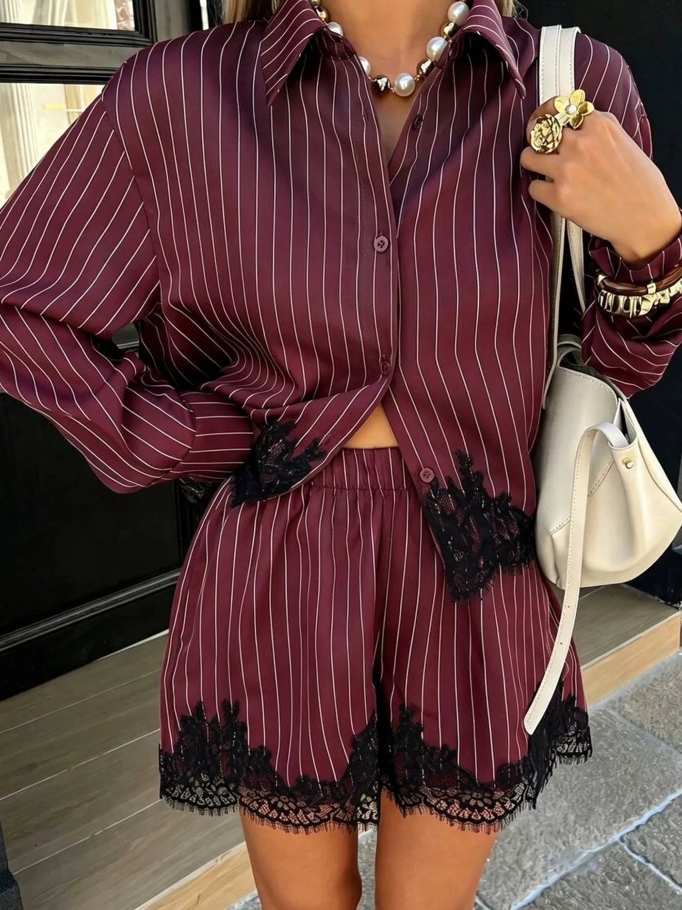 Trendsi Lace Trim Striped Button-Down Shirt and Shorts Set -