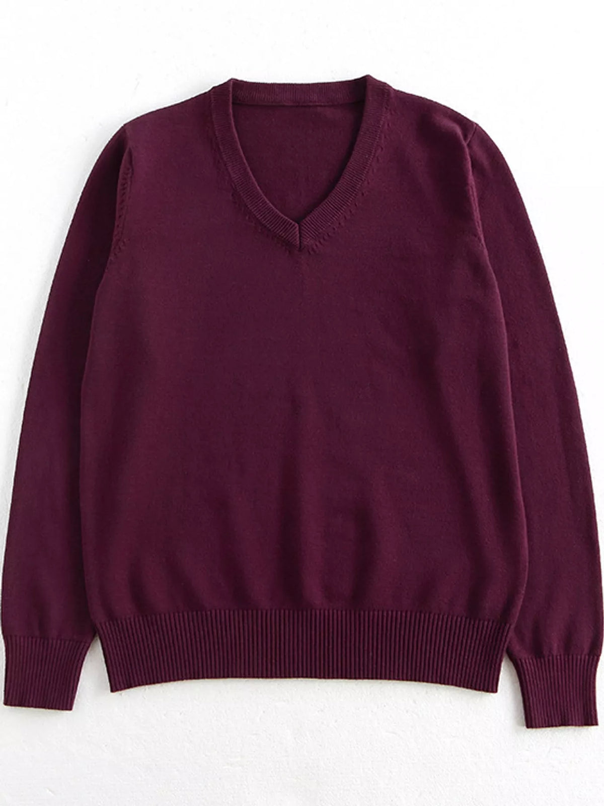 Women's V-Neck Long Sleeve Sweater in burgundy — flat lay view