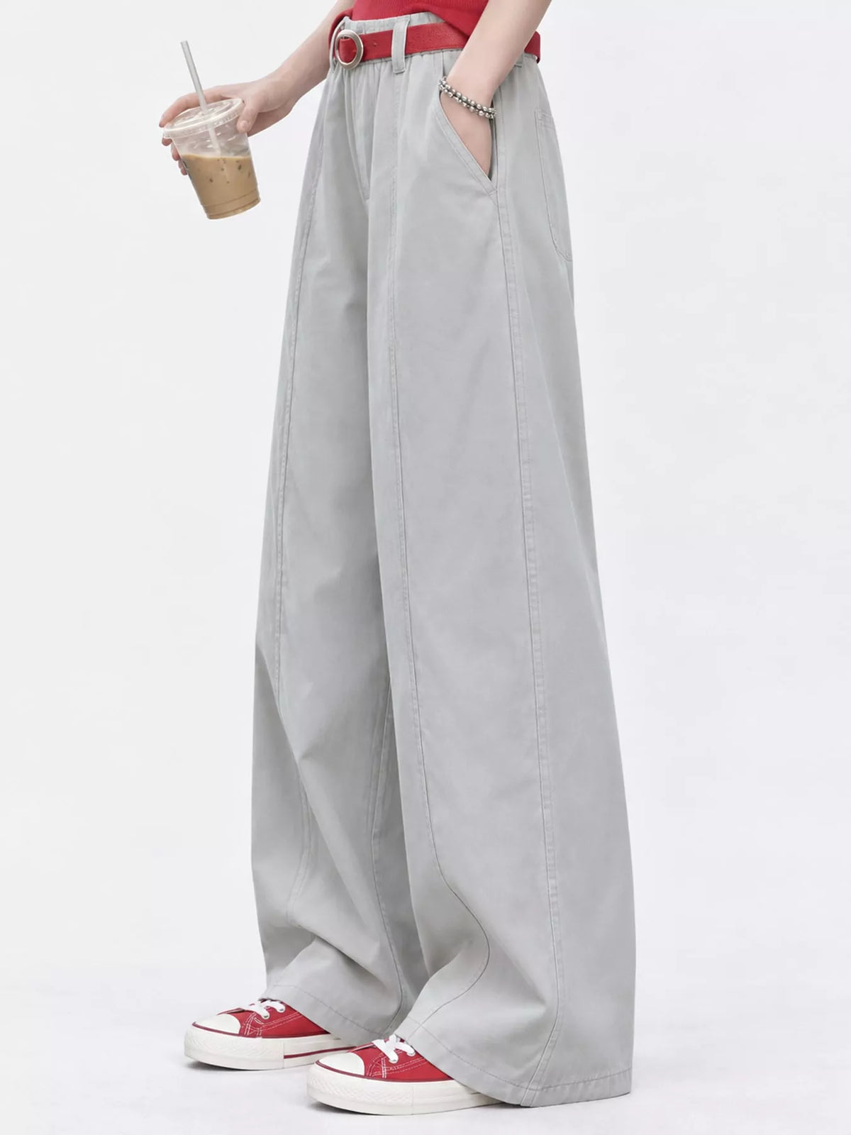Gray wide-leg pants, side view