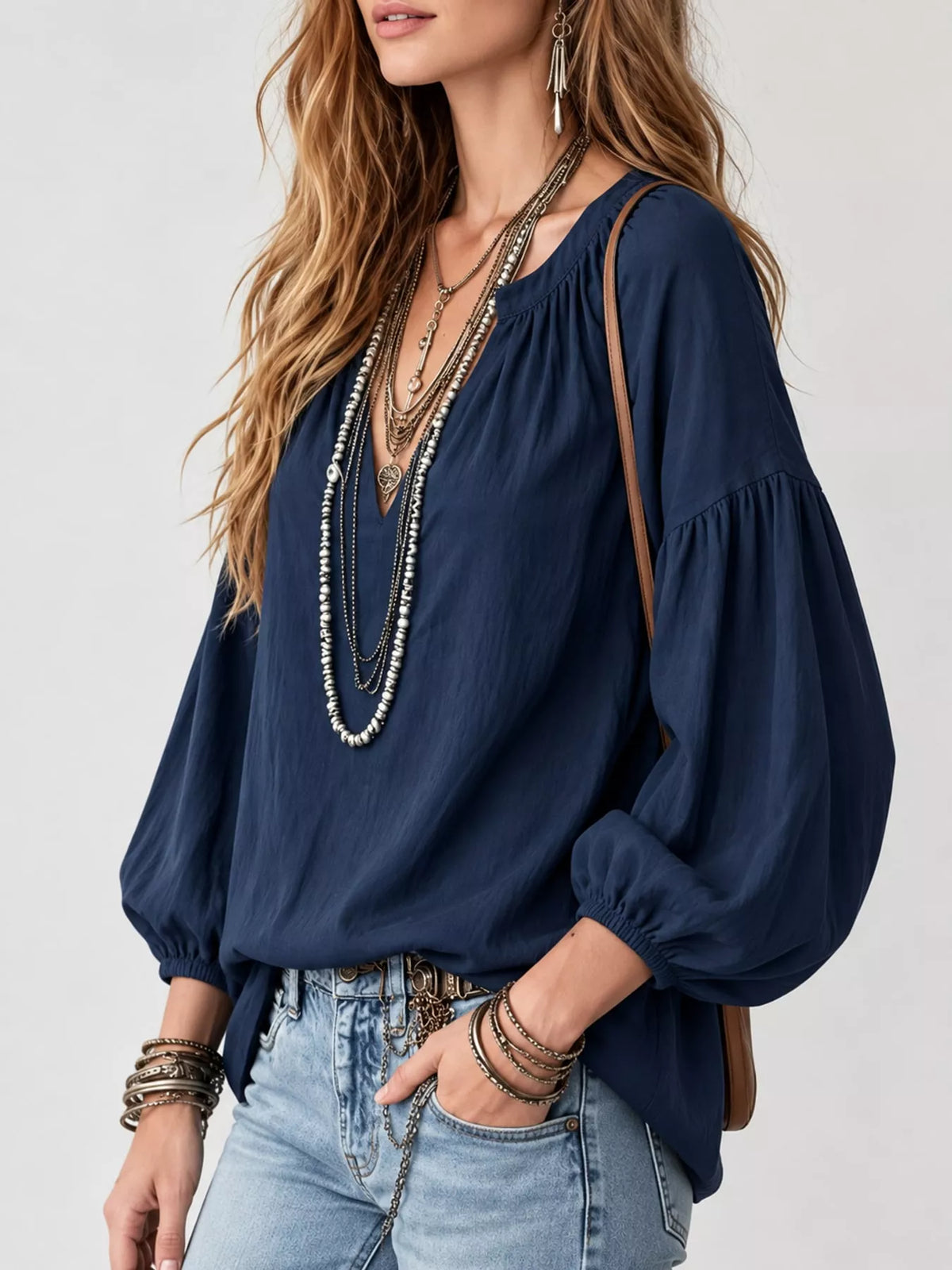 Notched Balloon Sleeve Blouse in navy, side view