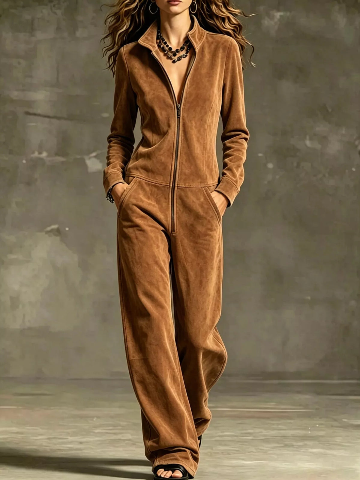 Velour Zip-Up Jumpsuit with Pockets, front view