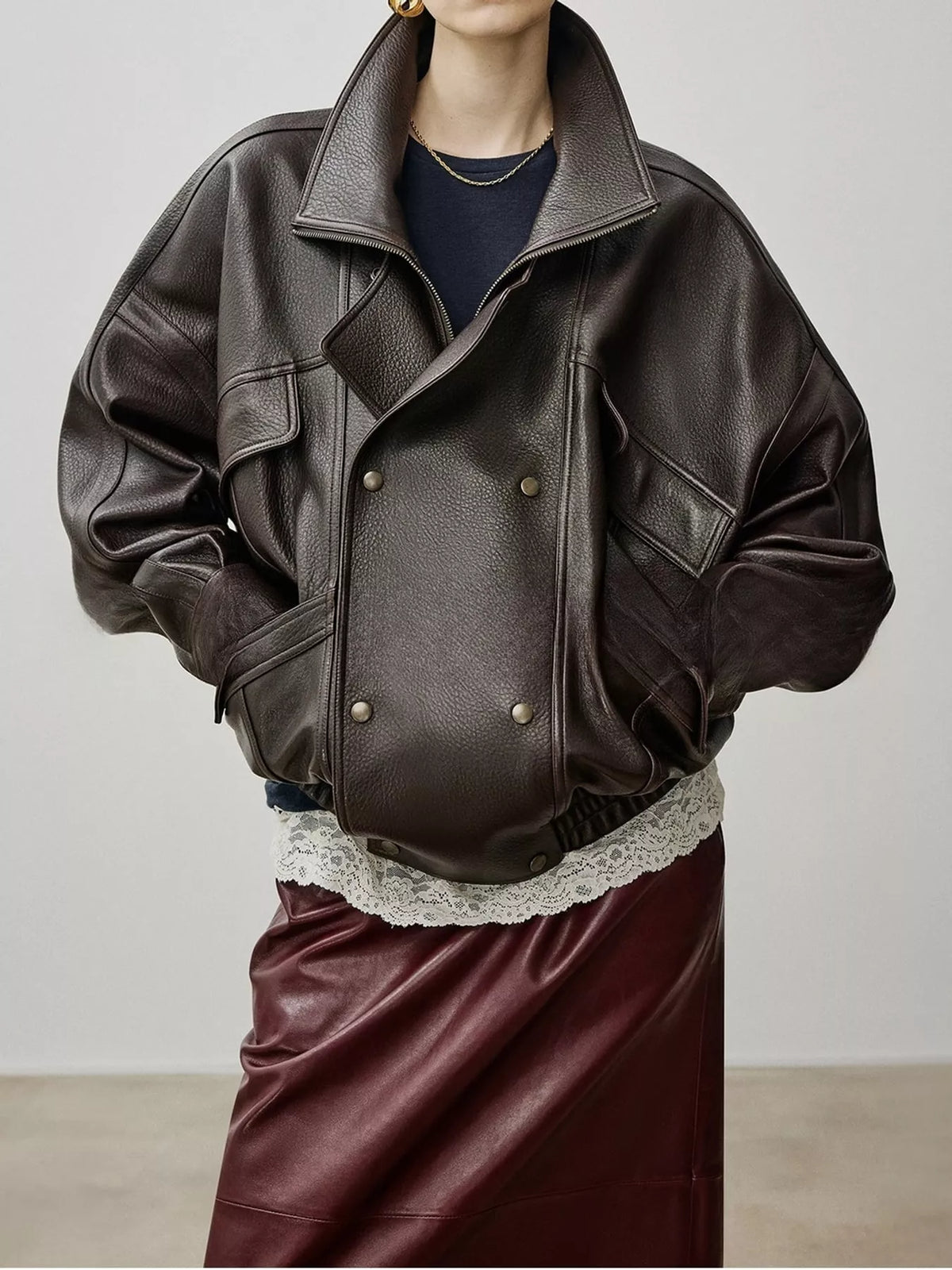 Snap Down Leather Jacket in dark brown, front view
