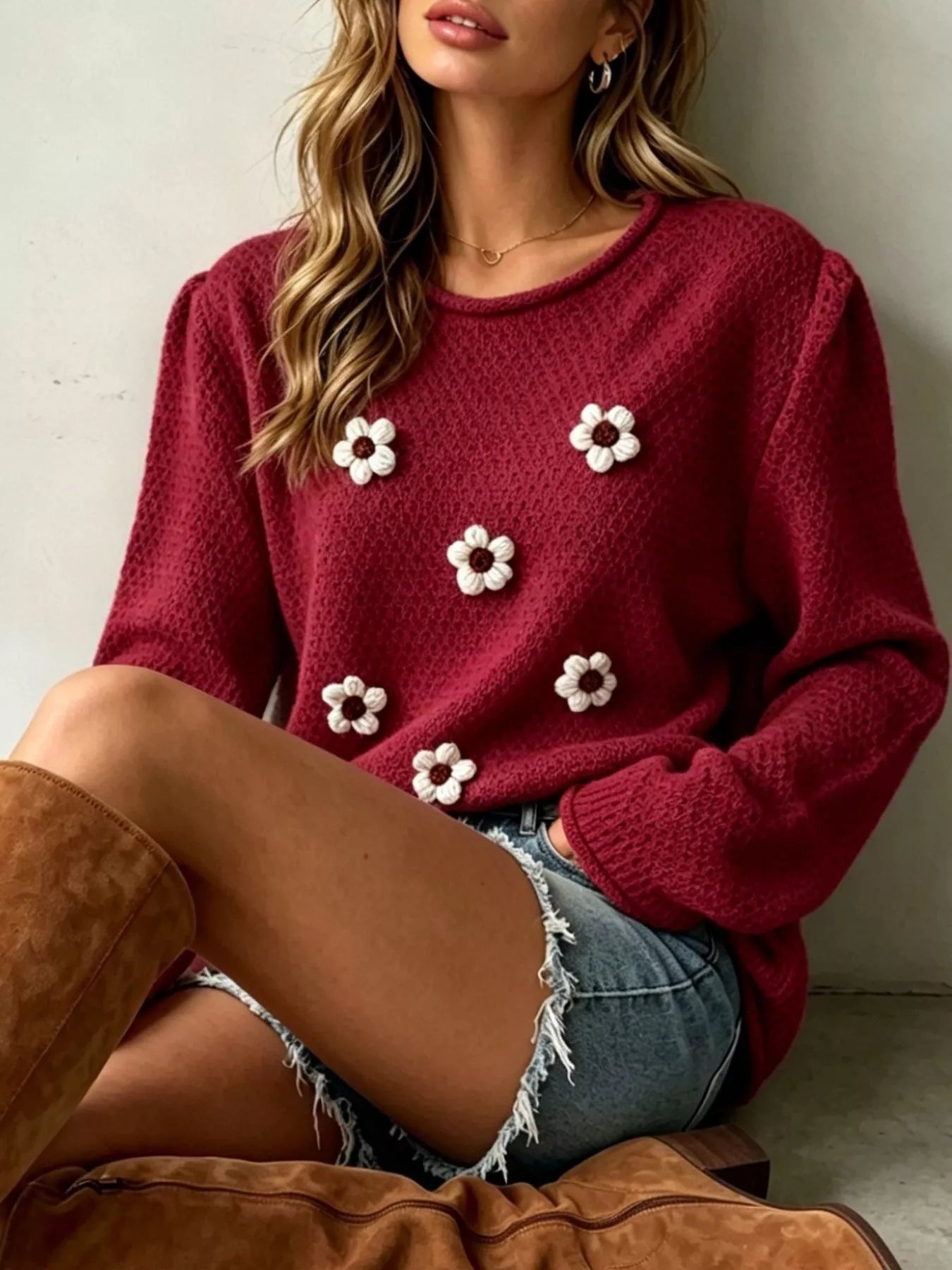 Trendsi Full Size Floral Applique Textured Knit Sweater Plus Size -