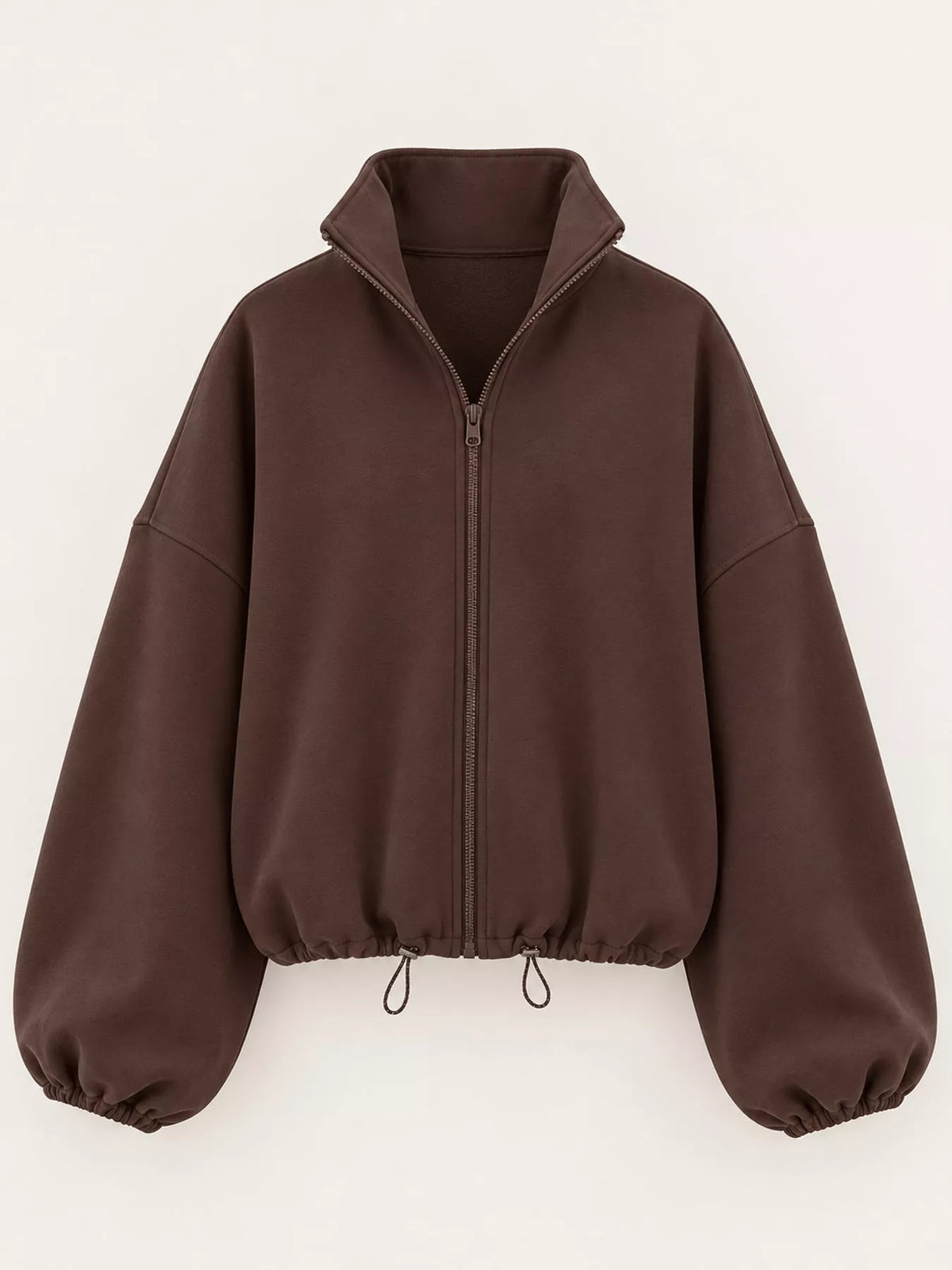 Brown drawstring hem zip-up jacket