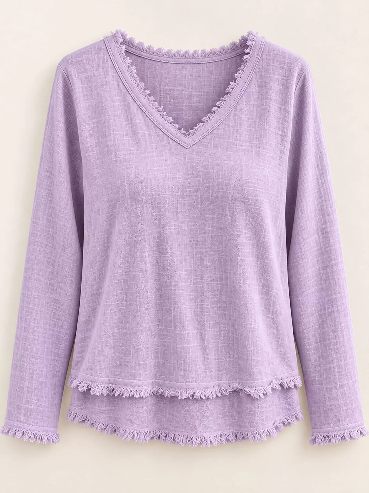 Frayed V-neck blouse, purple flat lay