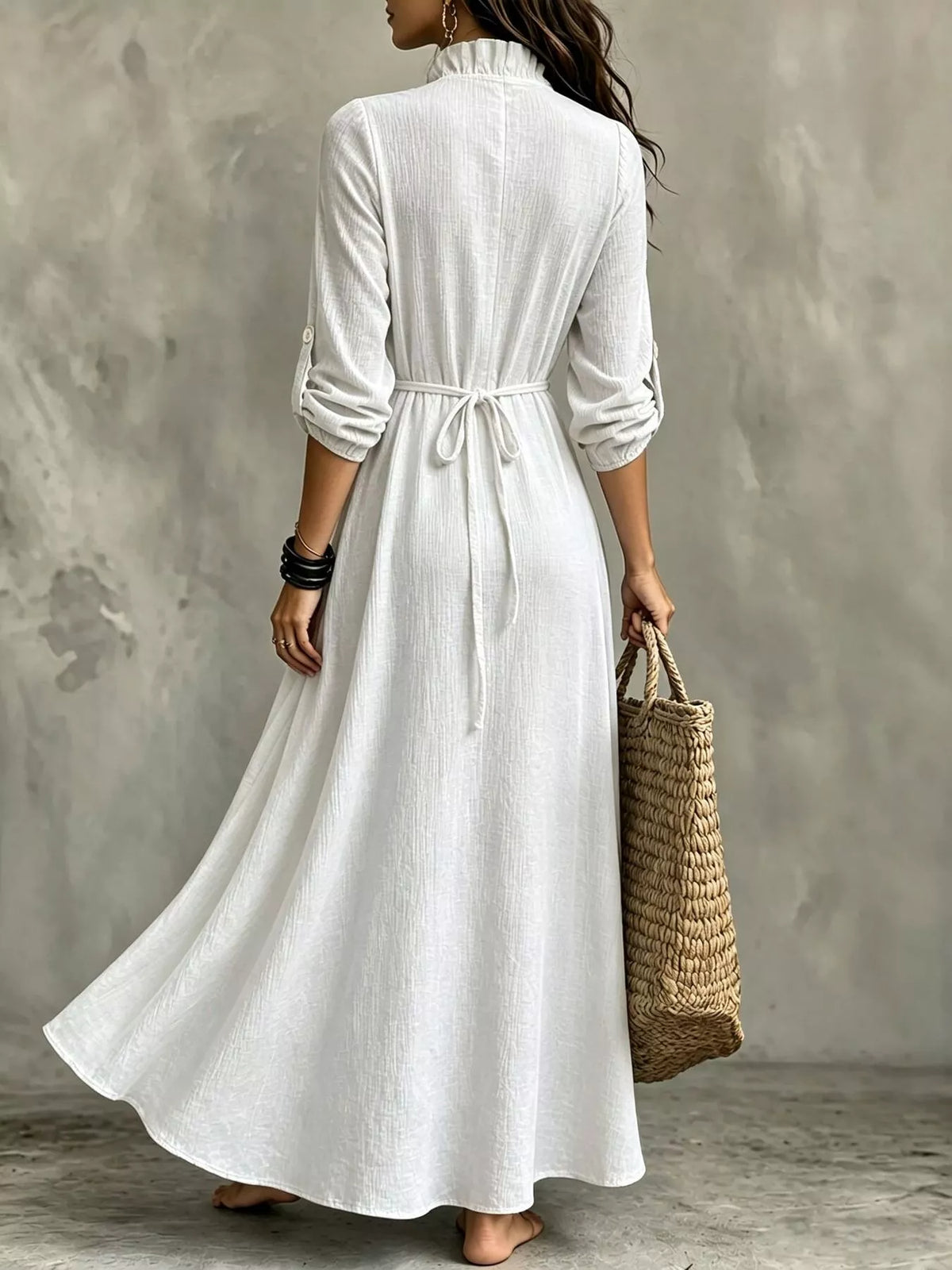 White V-neck maxi dress, back view