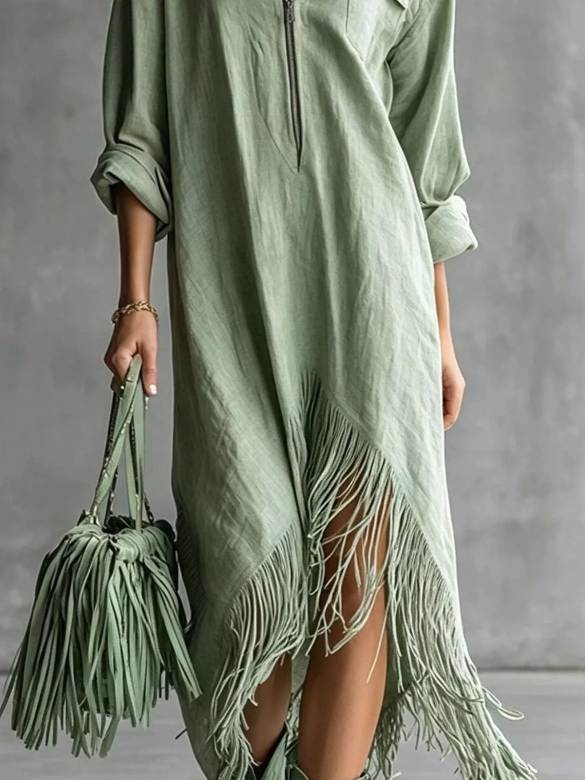 Zipper-Front Fringe Hem Midi Dress in green, fringed hem detail