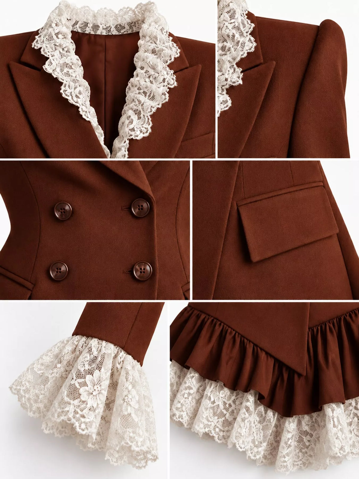 Rust brown lace trim blazer dress, detail view