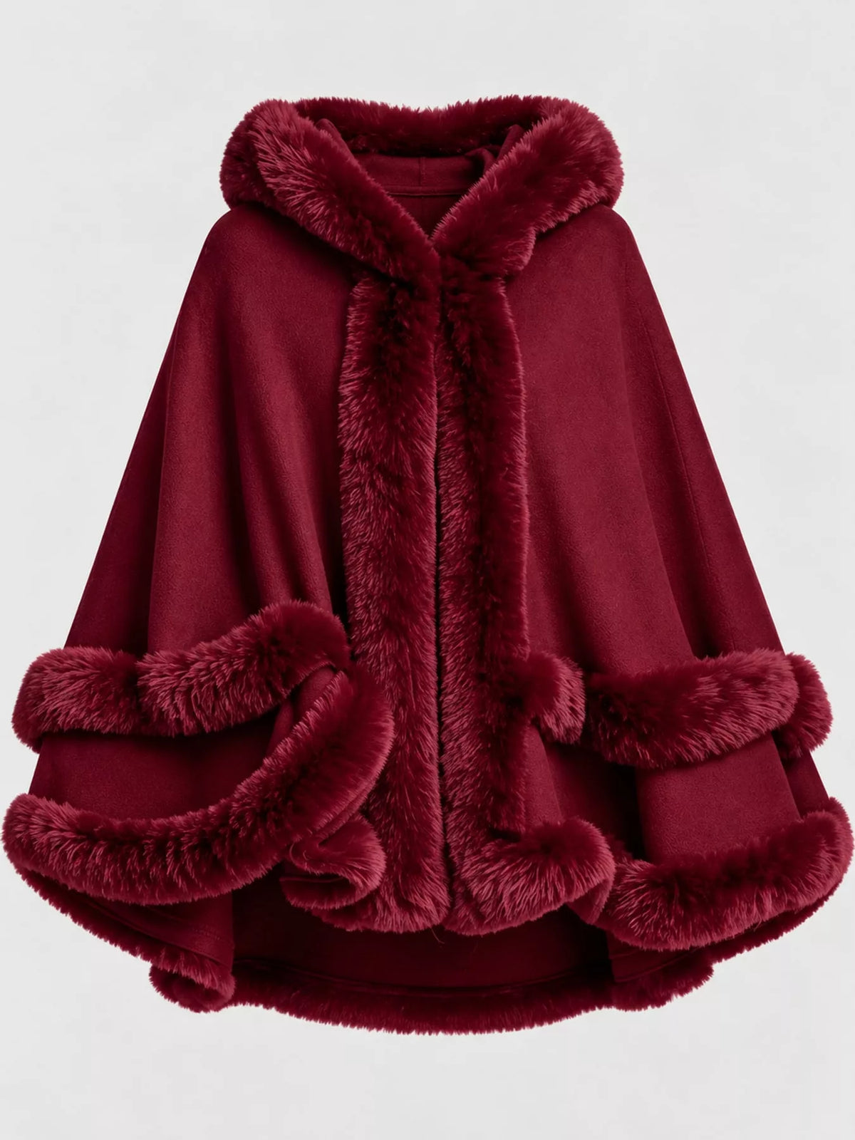 Faux-fur-trim cape, burgundy flat lay