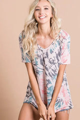 Trendsi BiBi Tie Dye Print Terry Deep U Neck Top -