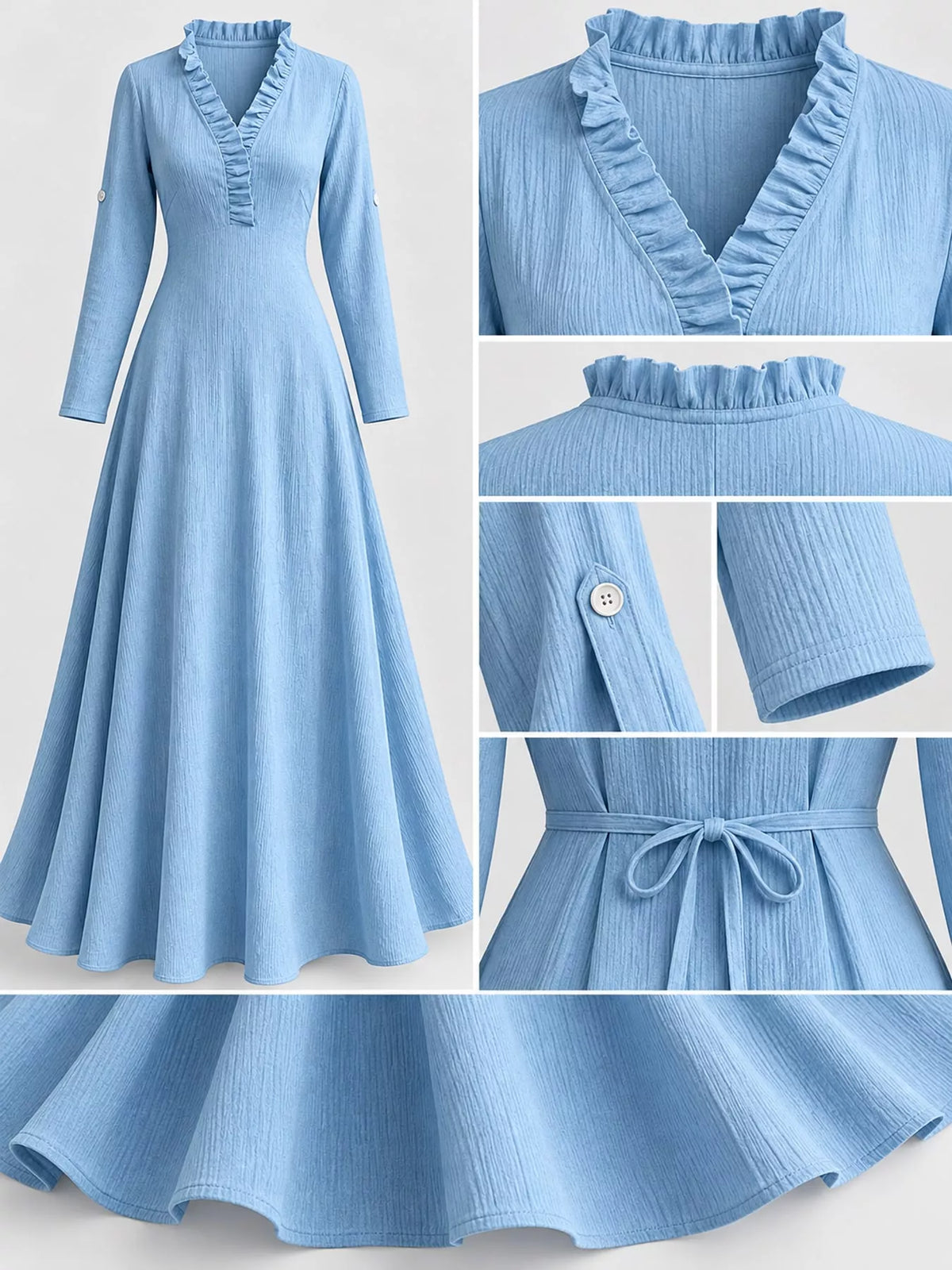Frill-trim maxi dress, light blue detail collage