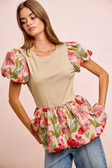 Trendsi BiBi Floral Printed Bubble Sleeves and Hem Peplum Top -