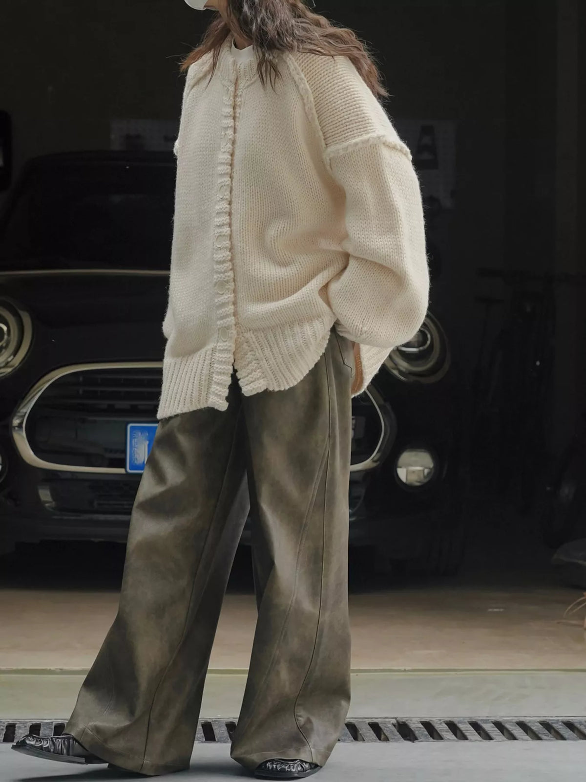Oversized Chunky Knit Cardigan with Textured Button Placket in cream