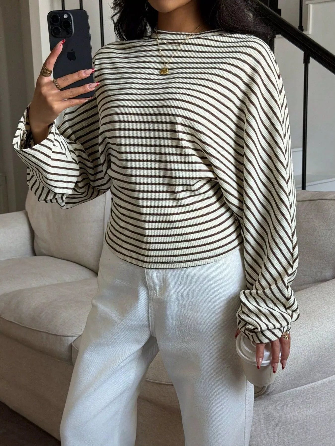 Trendsi Casual Striped Batwing Sleeve T-Shirt -