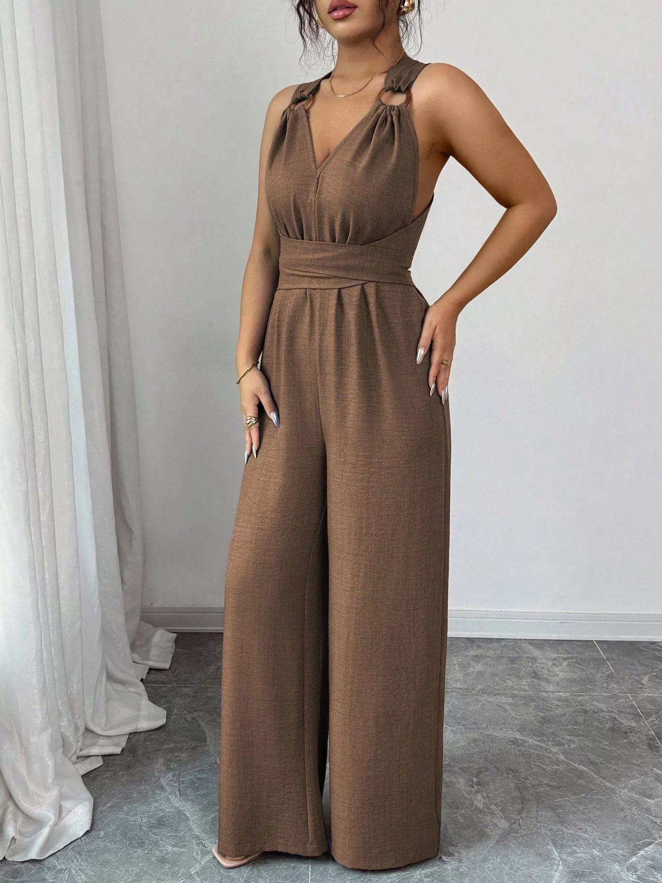 Trendsi Sleeveless V-Neck Wide-Leg Jumpsuit with O-Ring Detail -