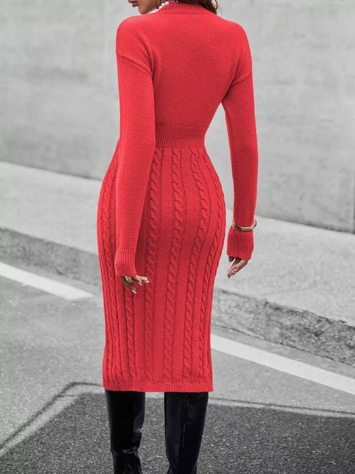 Women's Mock Neck Cable Knit Sweater Dress with Front Slit in red — back view