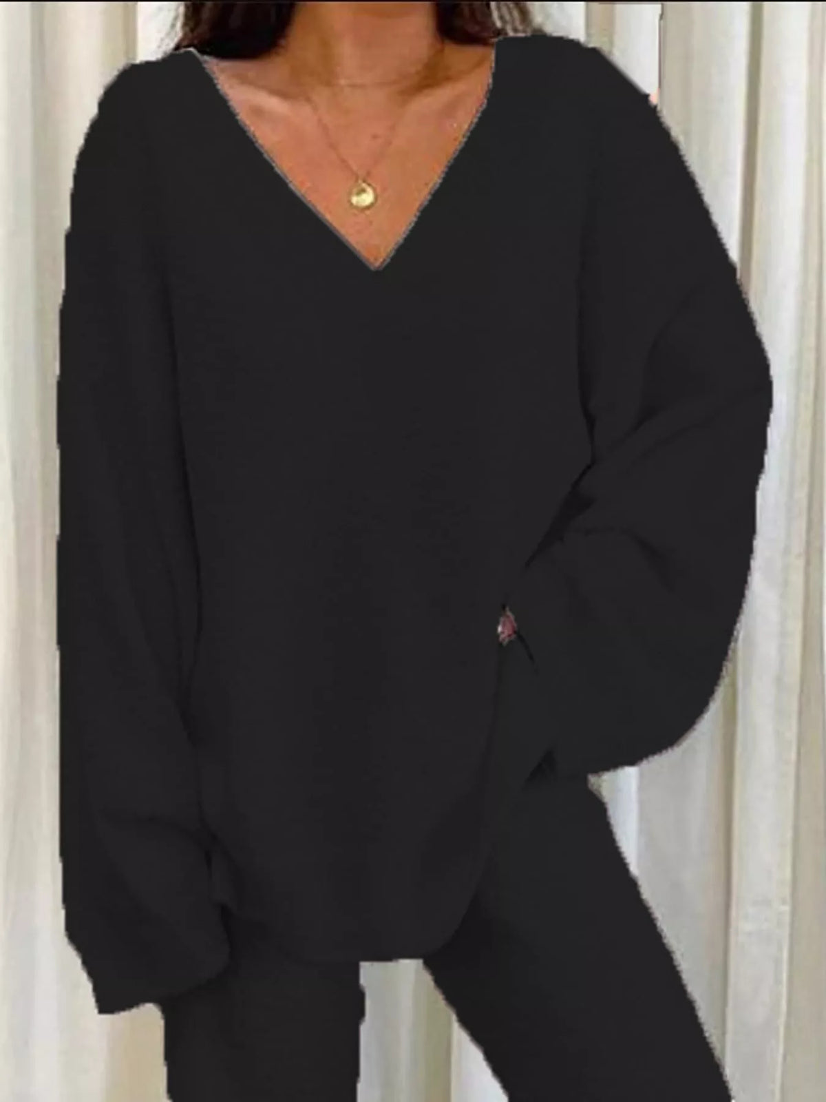 V-Neck Top and Wide Leg Pants Lounge Set in black
