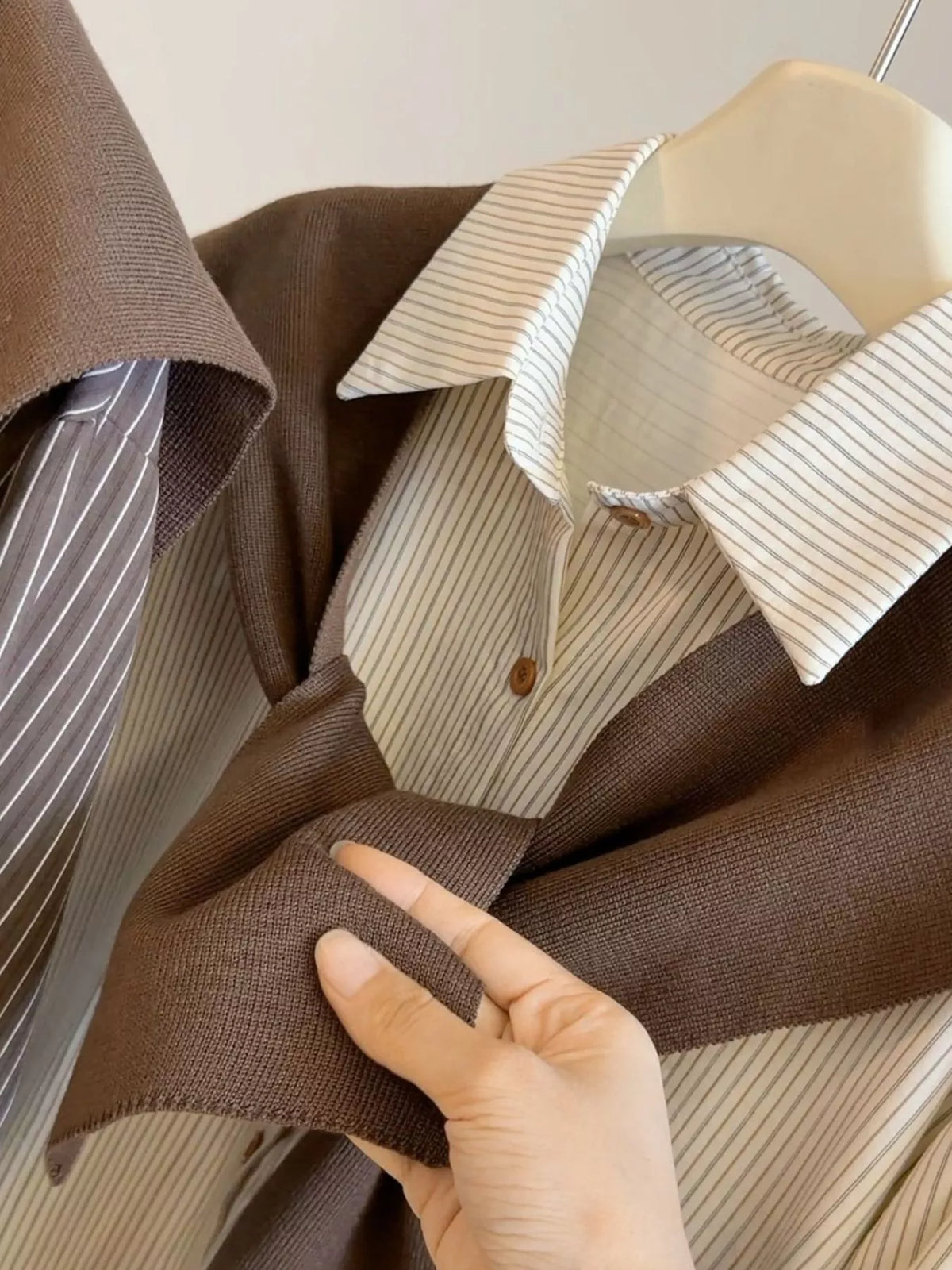 Striped High-Low Shirt with Knit Shawl — construction details