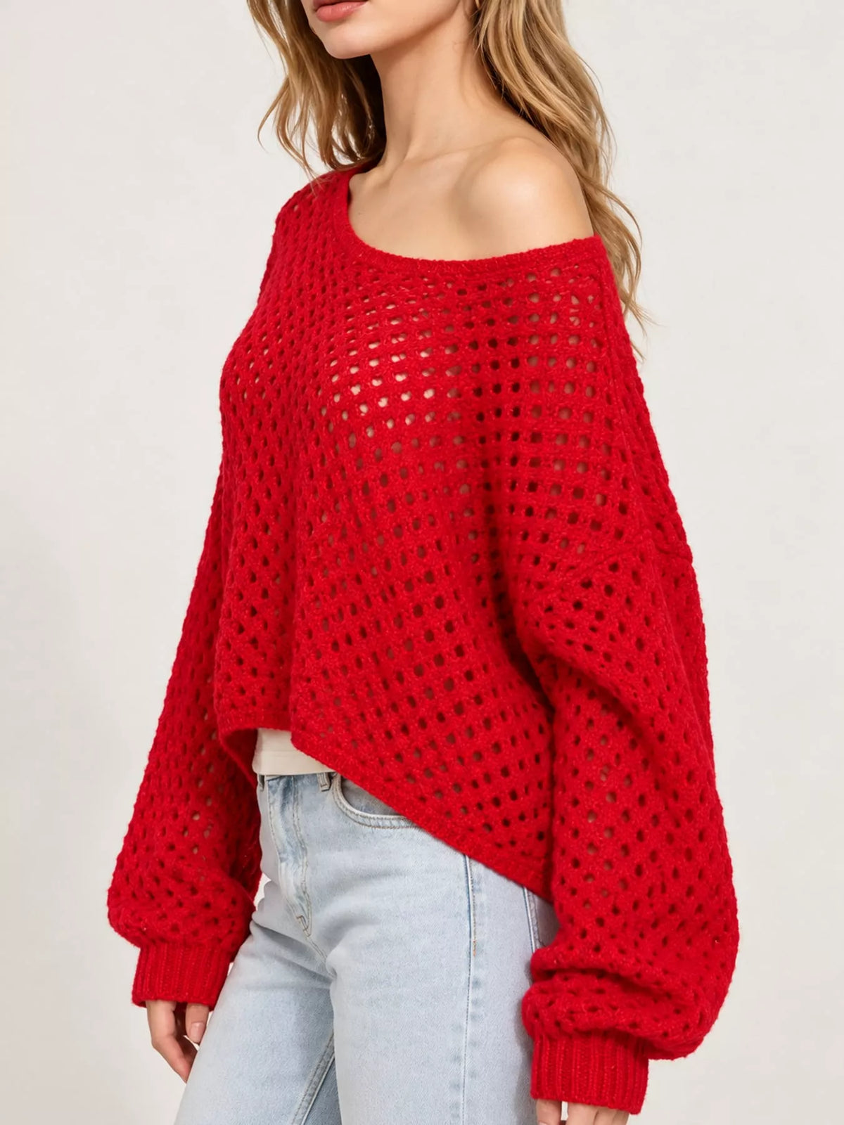 Red openwork boat neck knit cover-up, side view