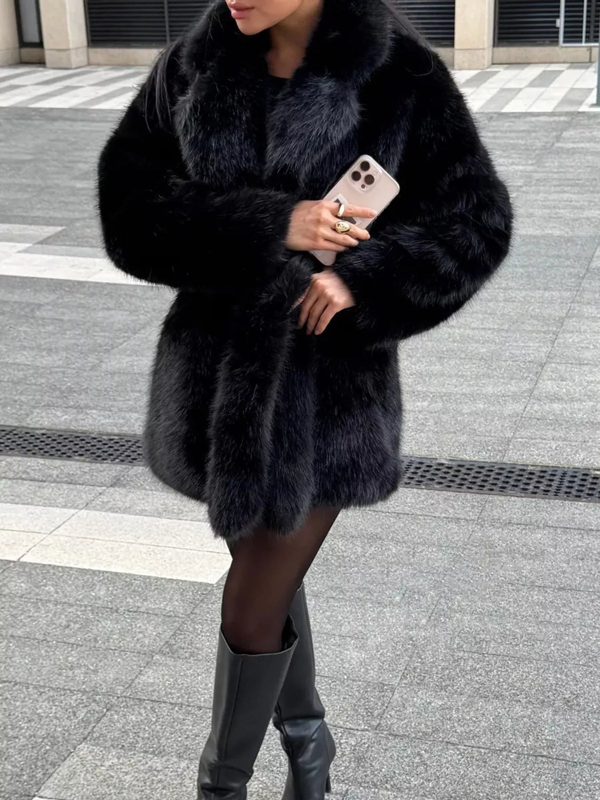 Faux Fur Belted Coat in black