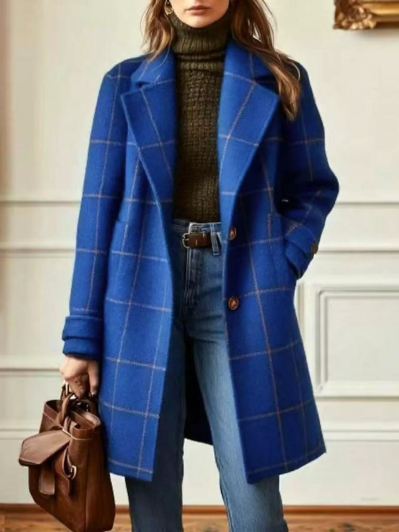 Trendsi Full Size Plaid Lapel Collar Longline Single-Breasted Overcoat Plus Size -