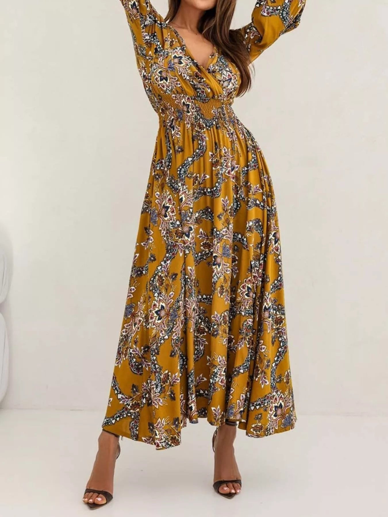 Trendsi Bohemian Printed Maxi Dress with Plunging Neckline -
