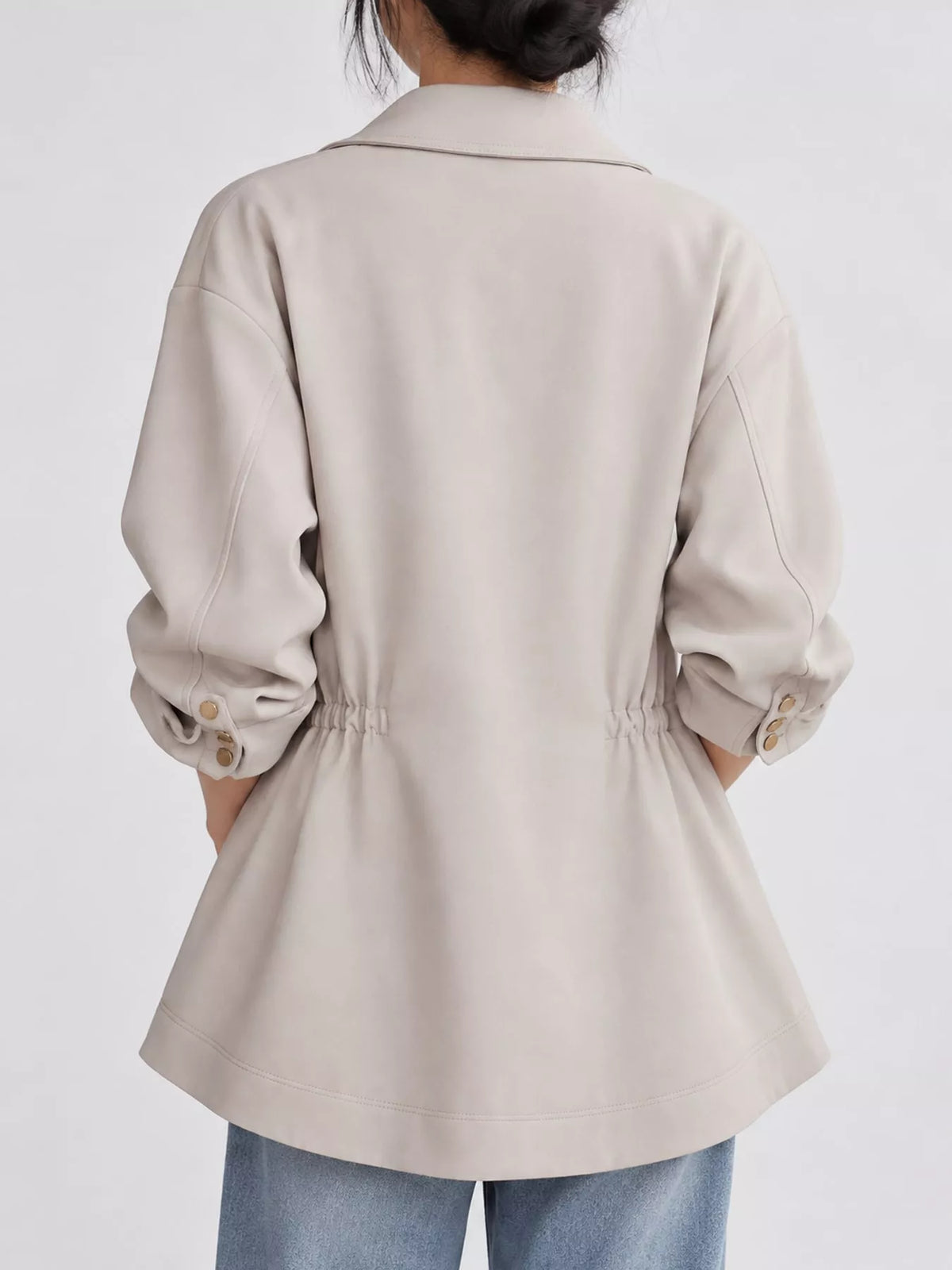 Lapel Collar Button Up Blazer, back view in beige