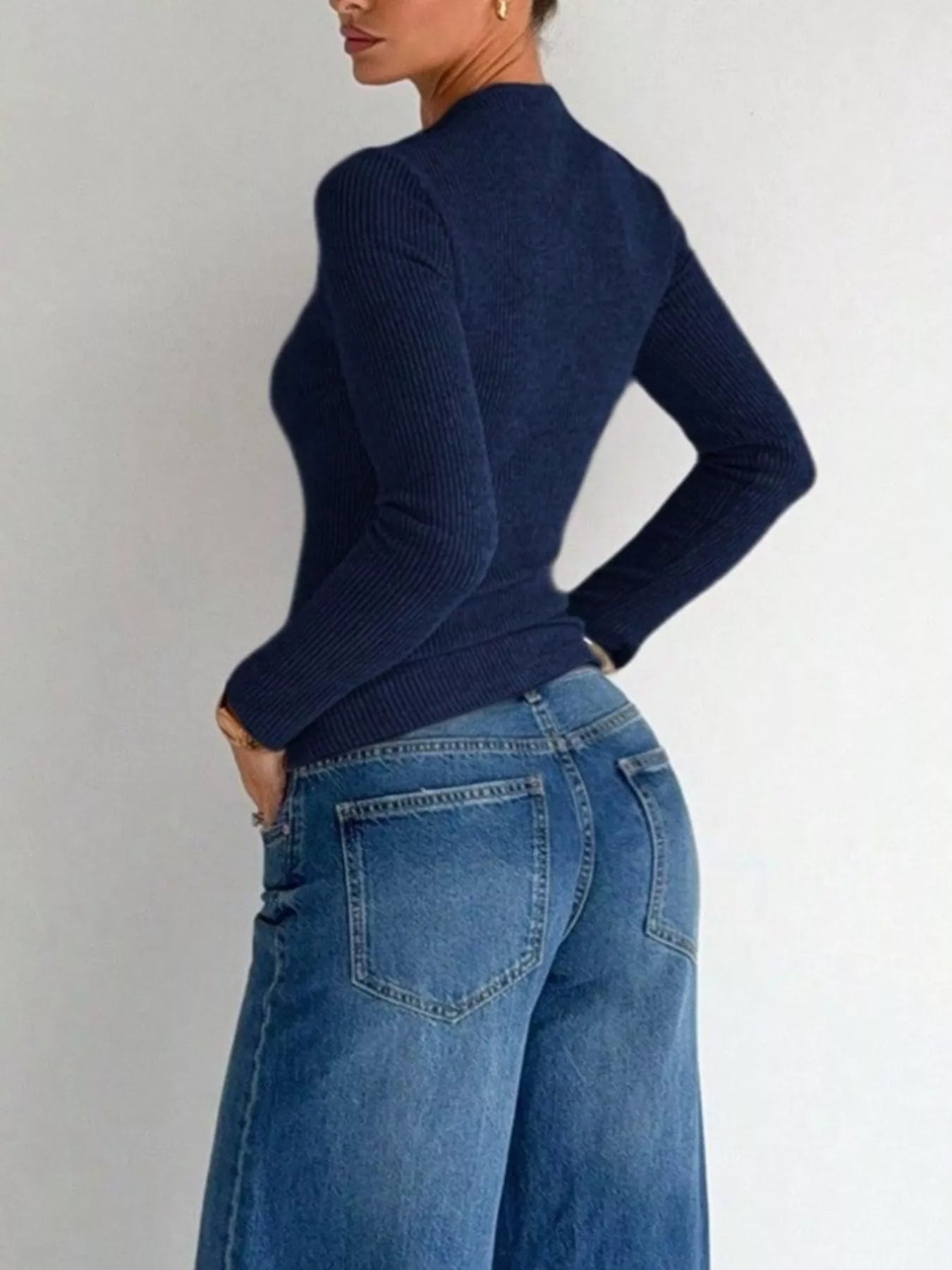 Trendsi Ribbed Knit Long Sleeve T-Shirt with Metal Ring Cutout Detail -