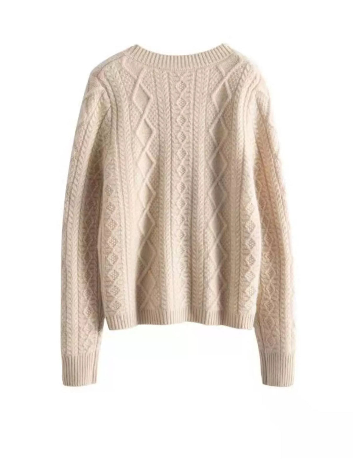 Beige cable-knit button-down cardigan, back view