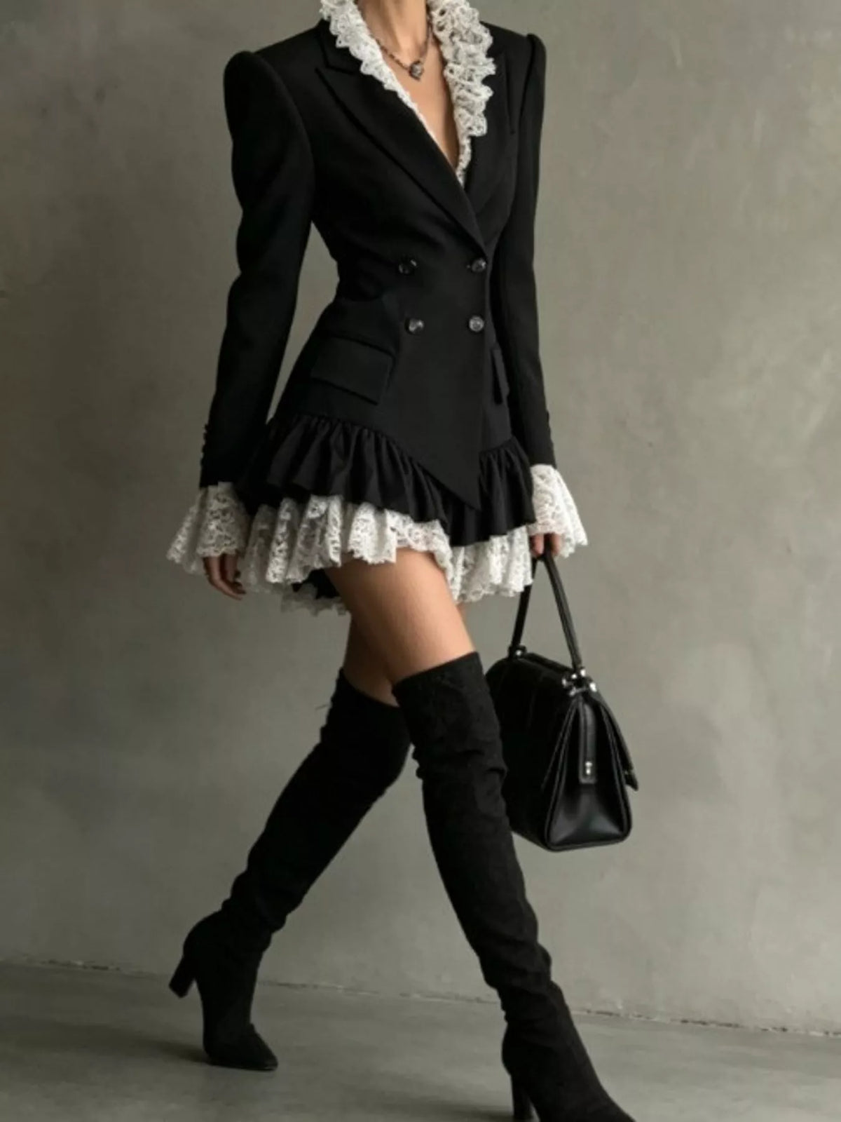 Black lace trim blazer dress, side view