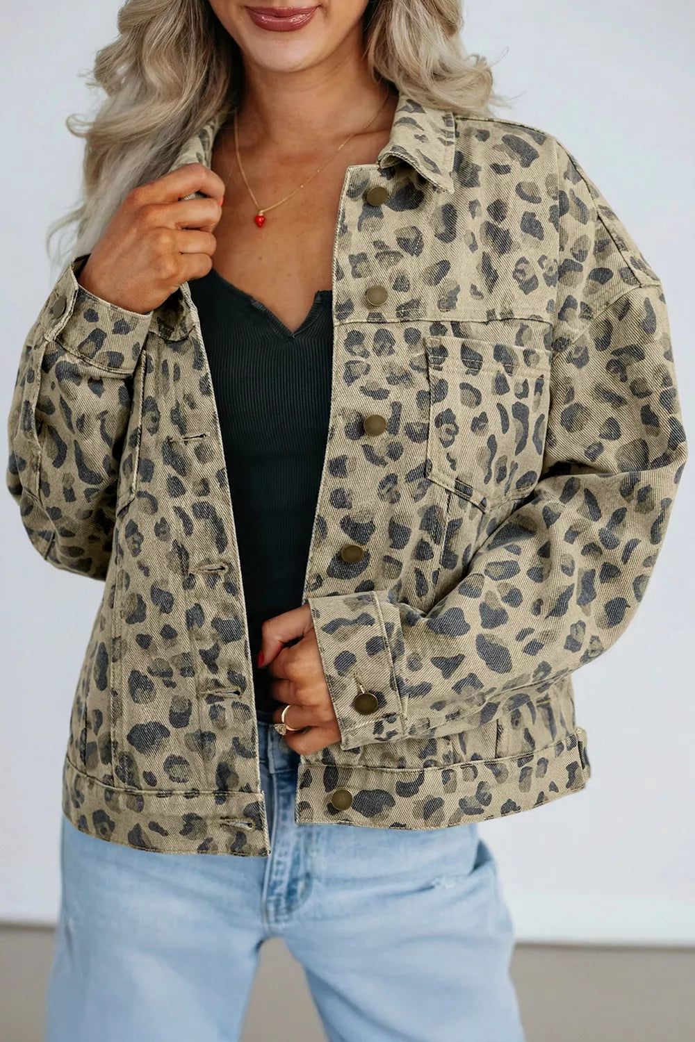 Trendsi Leopard Print Seam Detail Button Down Denim Jacket -