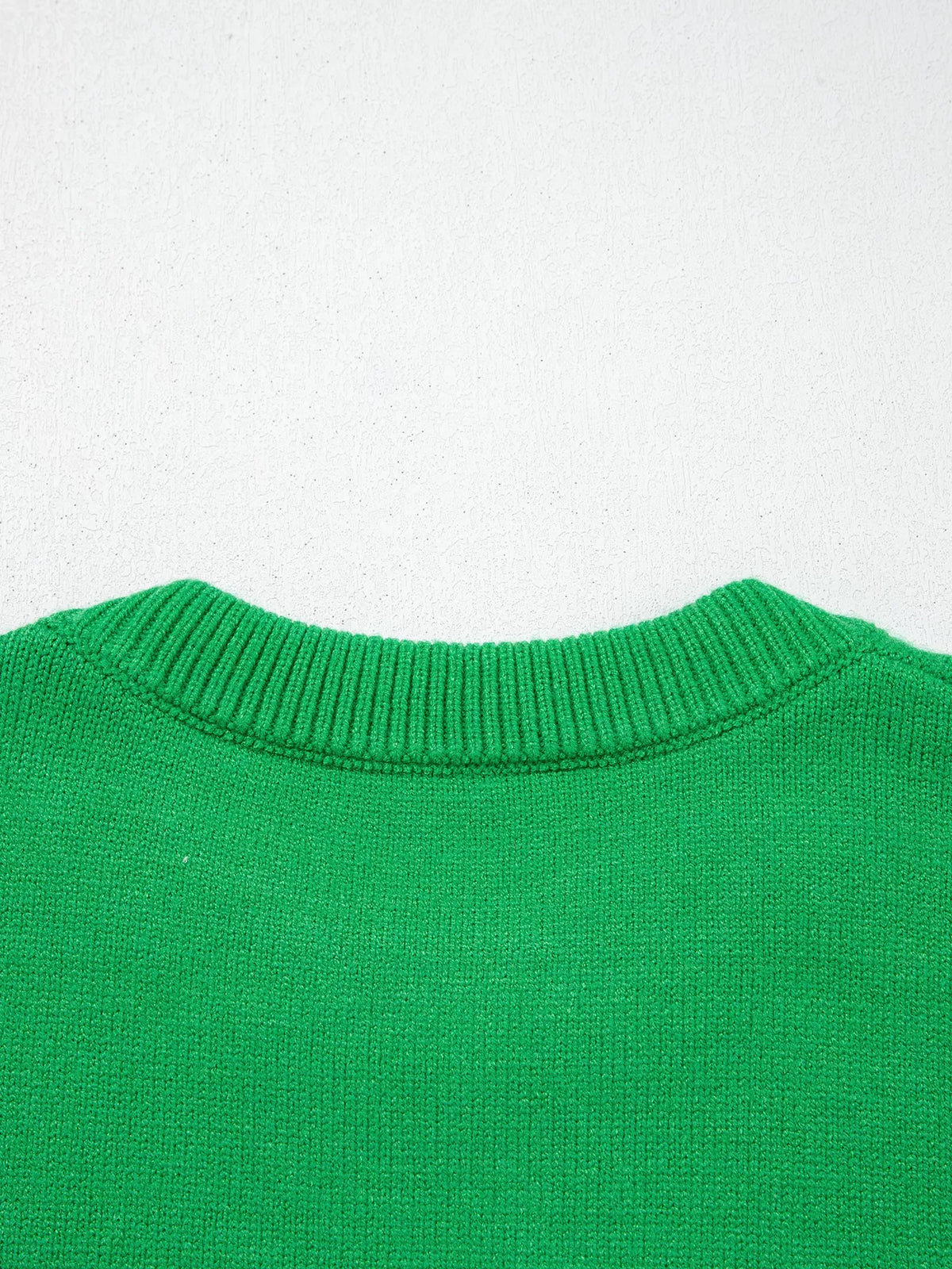 Christmas patch sweater, back neck detail
