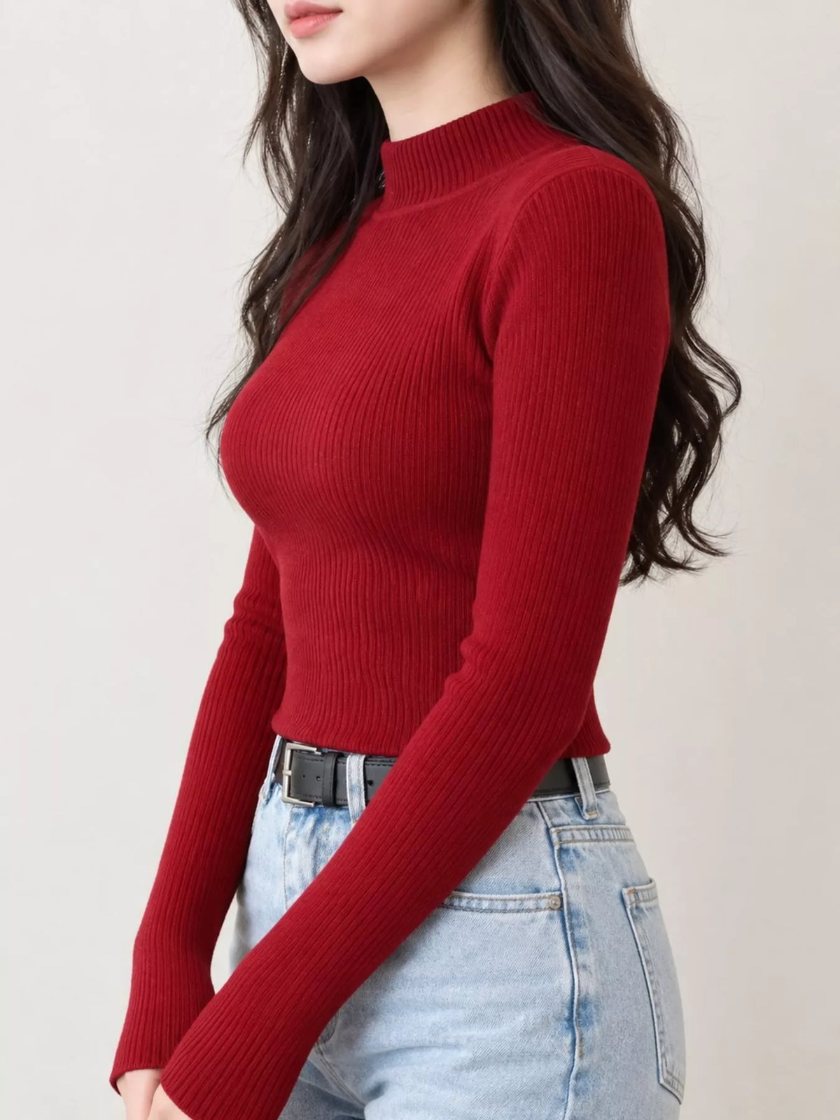 Dark red ribbed mock neck long sleeve knit top