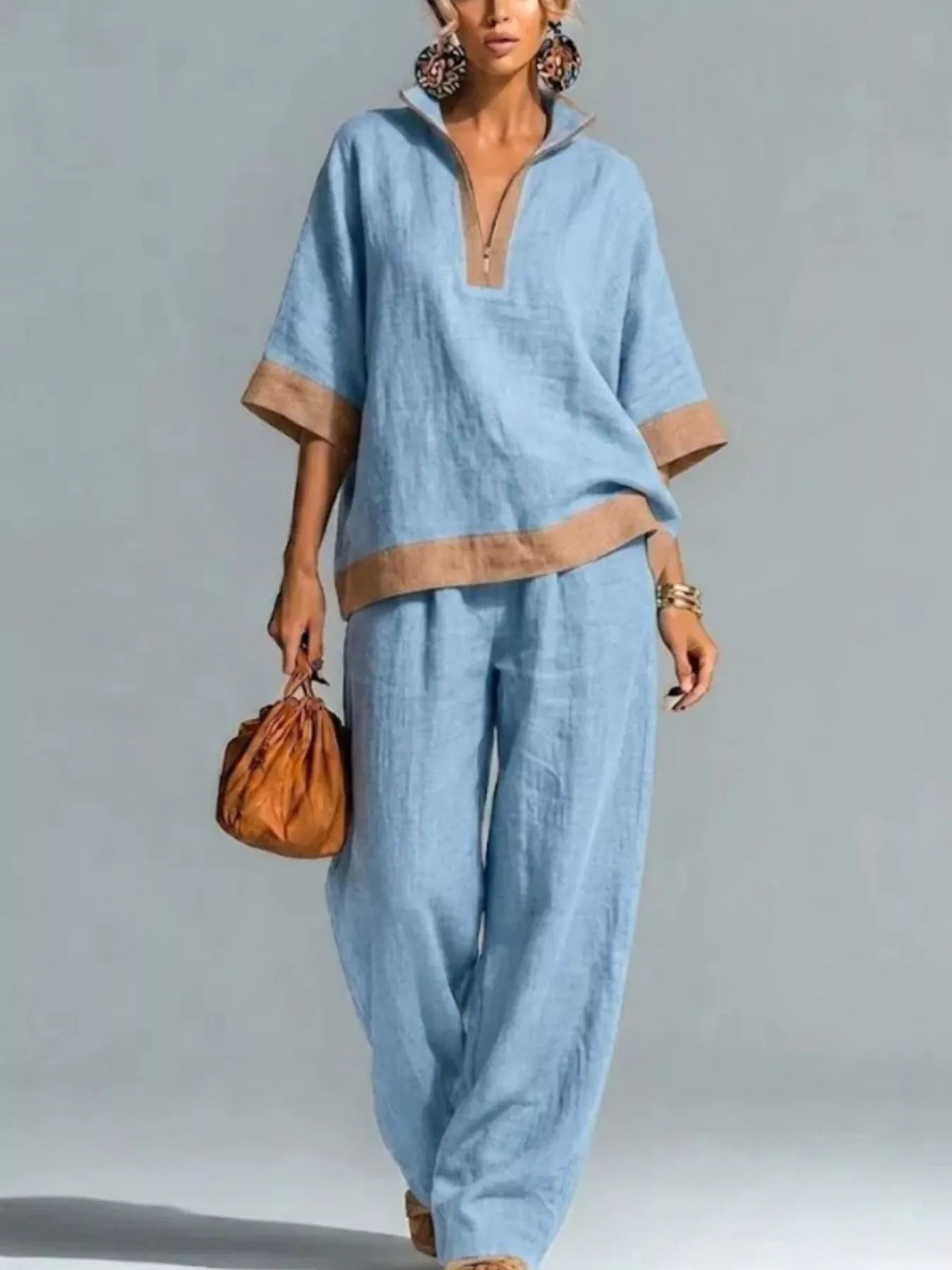 Trendsi Full Size Contrast Trim Top and Wide Leg Pants Set Plus Size -