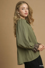 Trendsi Umgee Half Button Blouse with Leopard Print Trim -