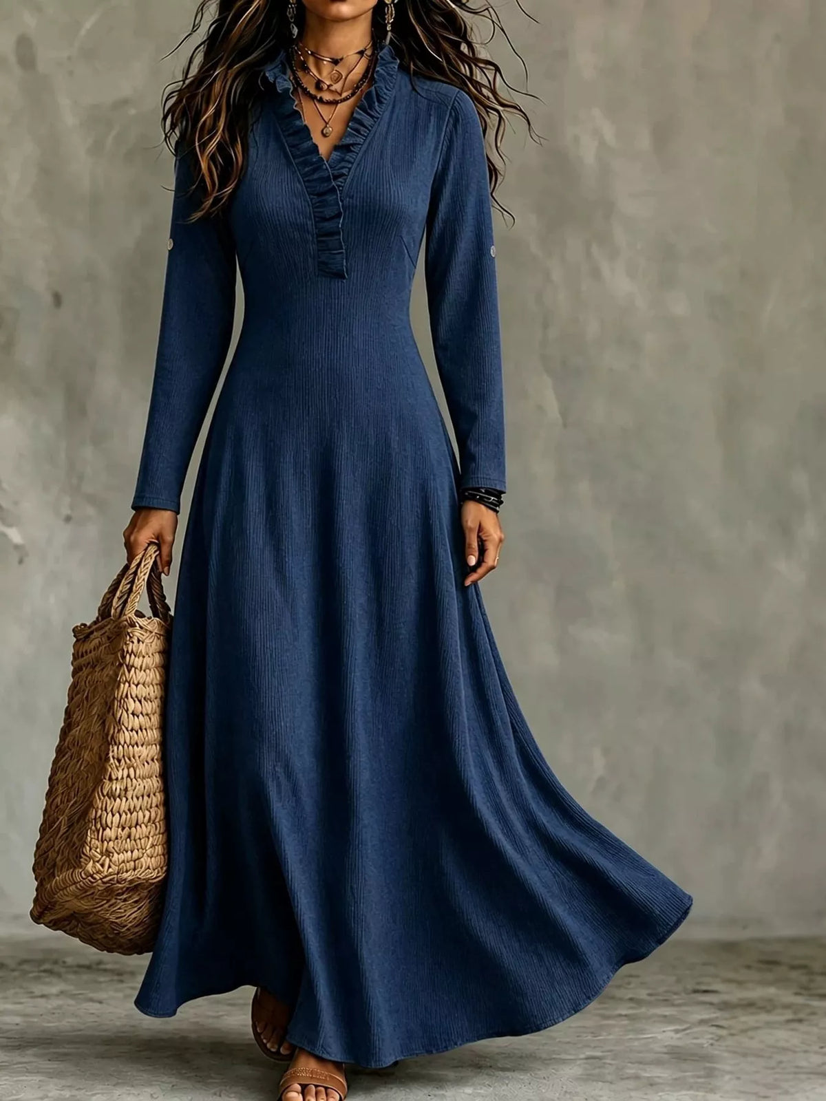 Frill-trim maxi dress, navy front