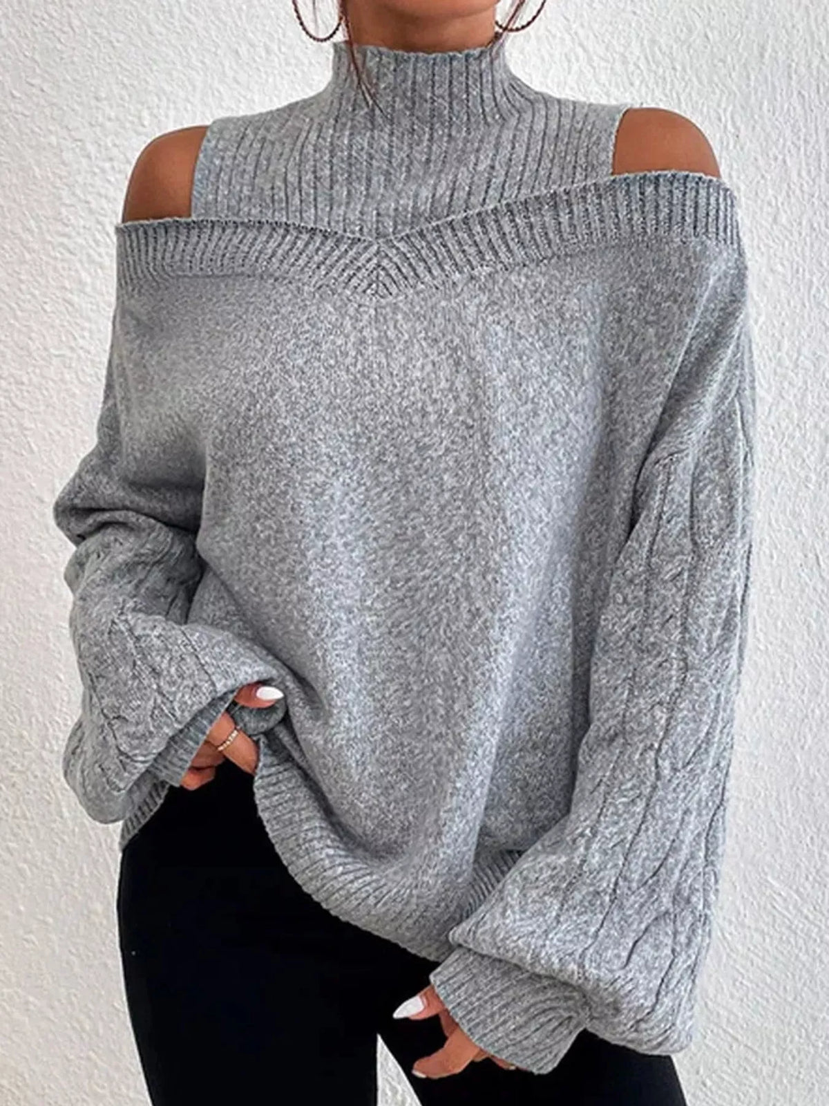 Gray cold shoulder mock neck cable knit sweater, front view