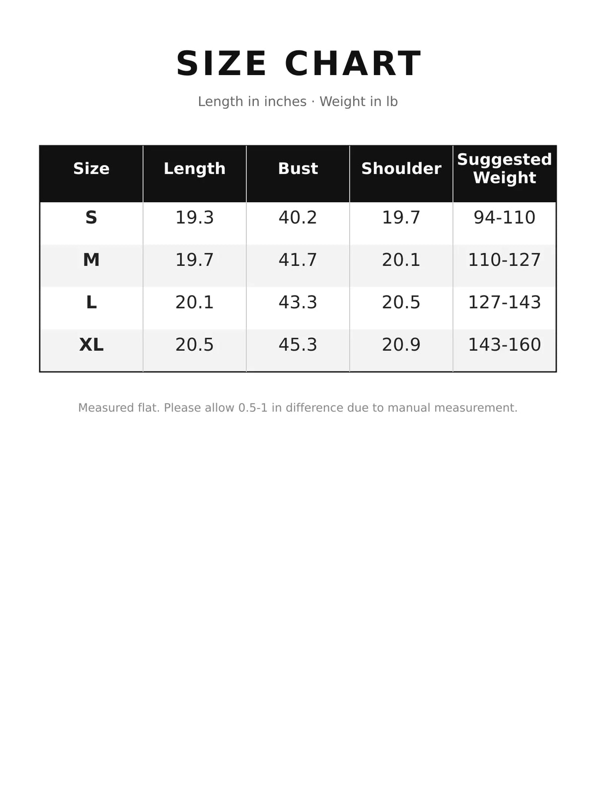 Size chart for women's button up dropped shoulder denim jacket