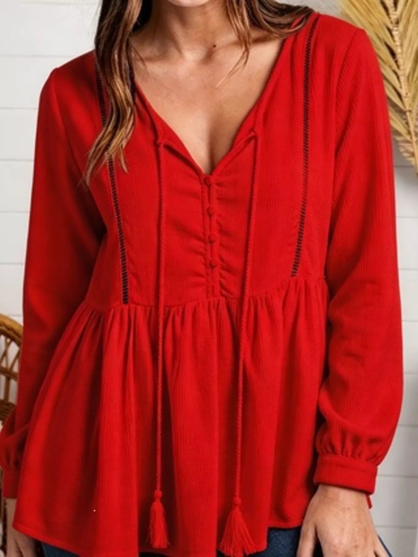 Trendsi Tassel Drawstring Long Sleeve Peplum Top -