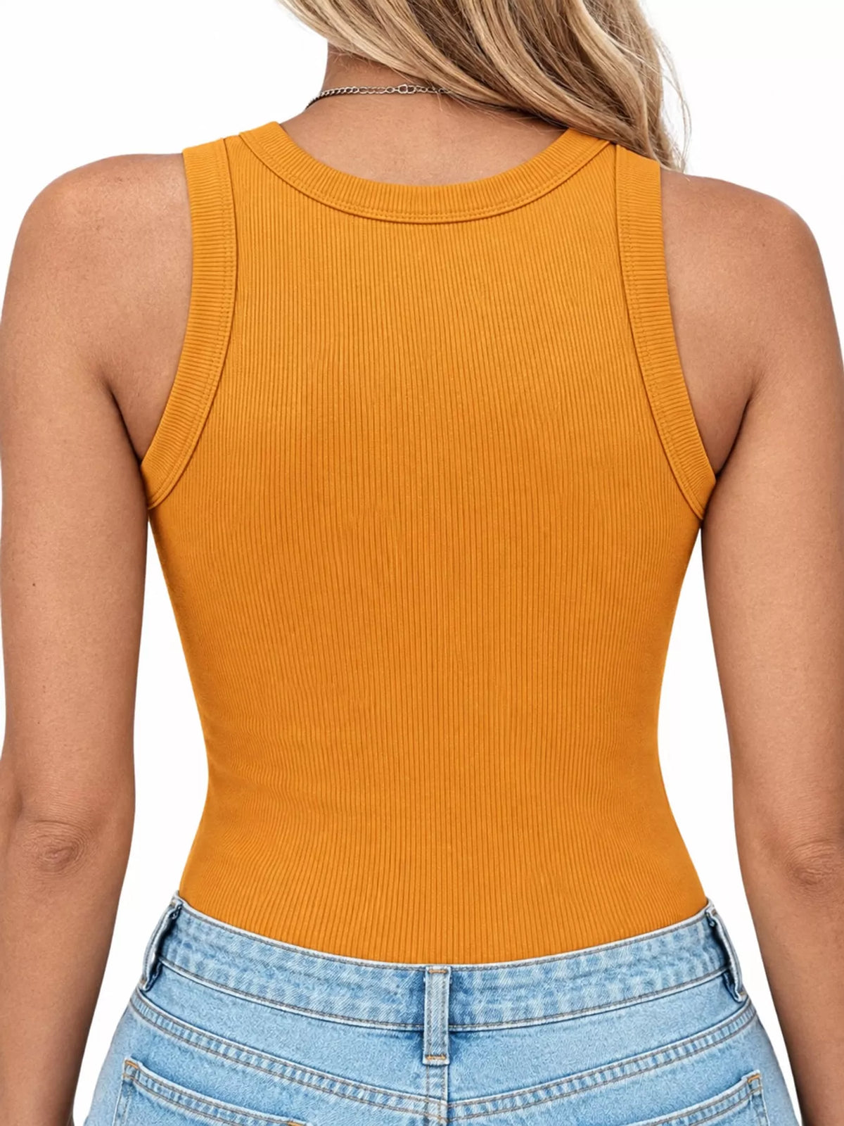 Yellow ribbed knit slim fit tank top, back view