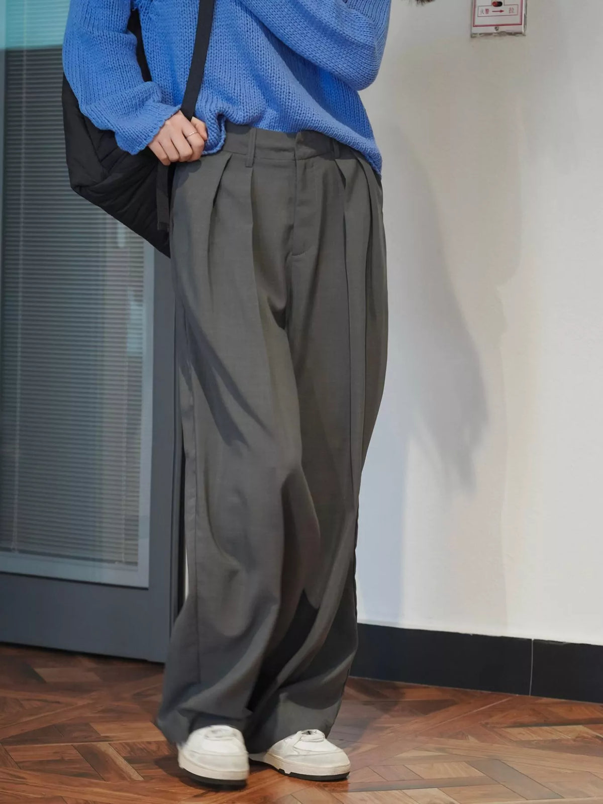 Women's High-Waisted Pleated Wide-Leg Pants in gray — front view