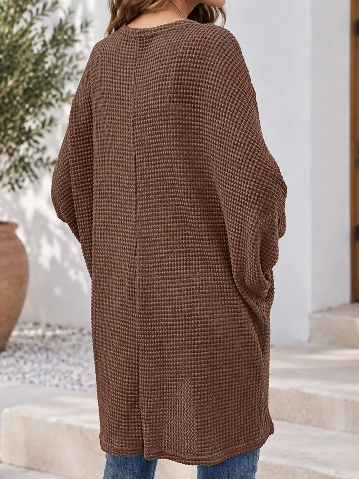 Women's Waffle Knit Open Front Oversized Cardigan in brown — back view