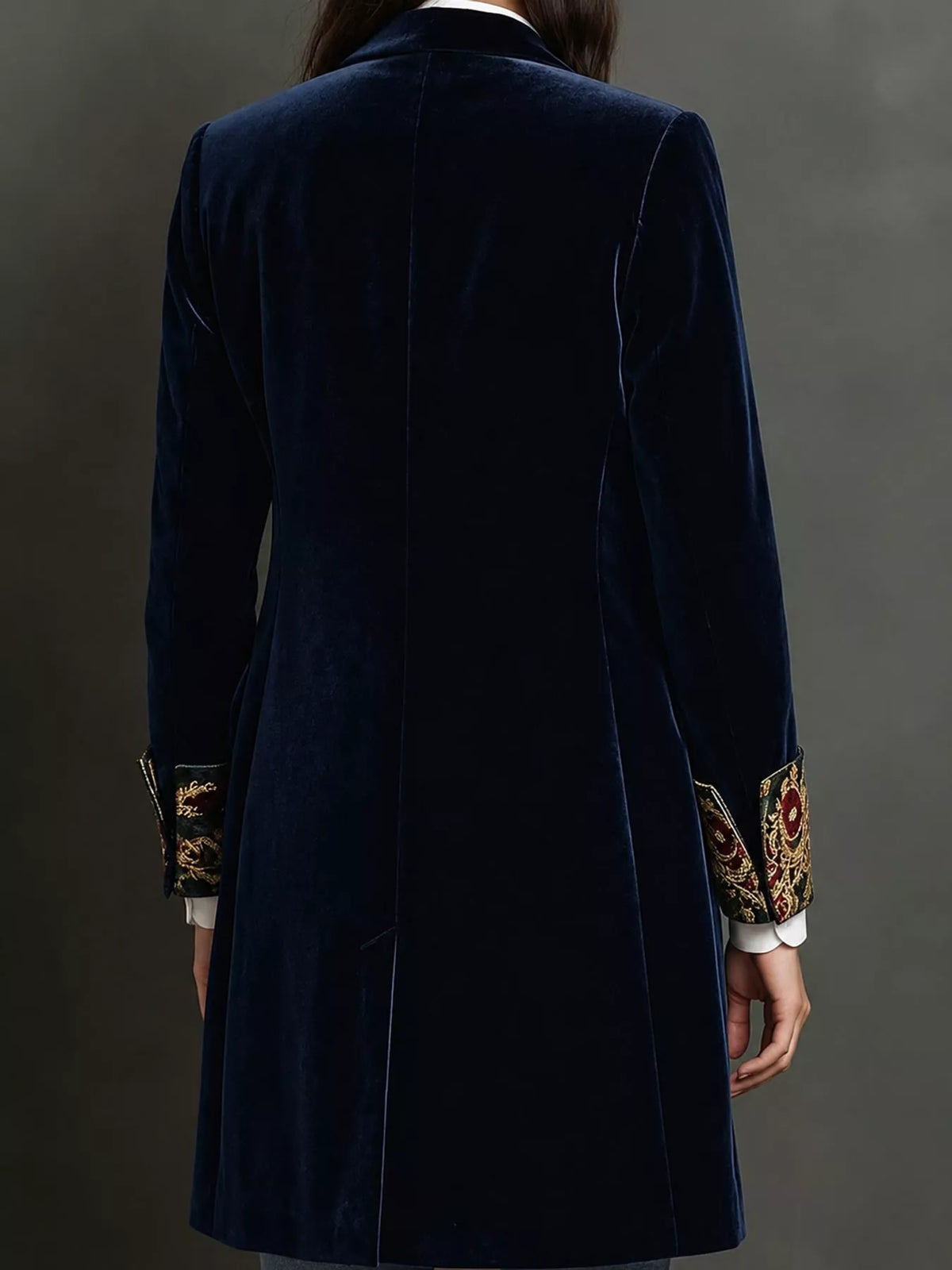 Blue (with Lining) floral lapels and cuffs velvet blazer, back view
