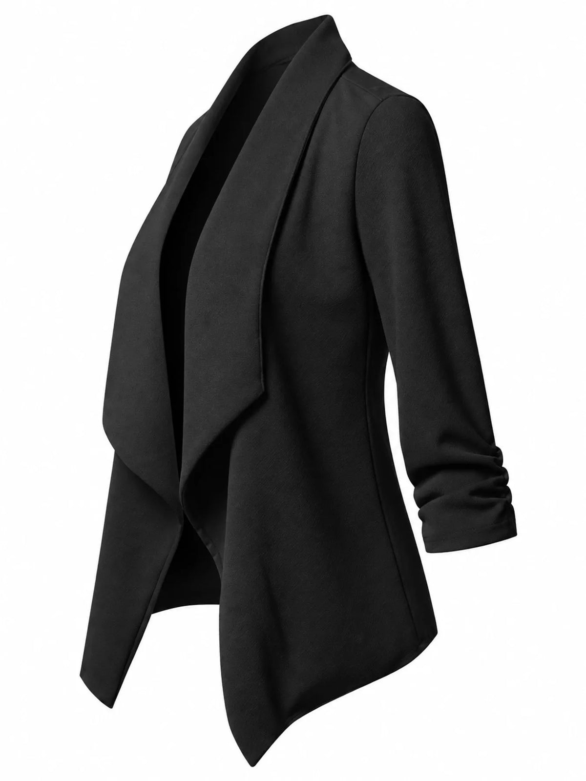 Black open-front blazer with ruched 3/4 sleeves, side view