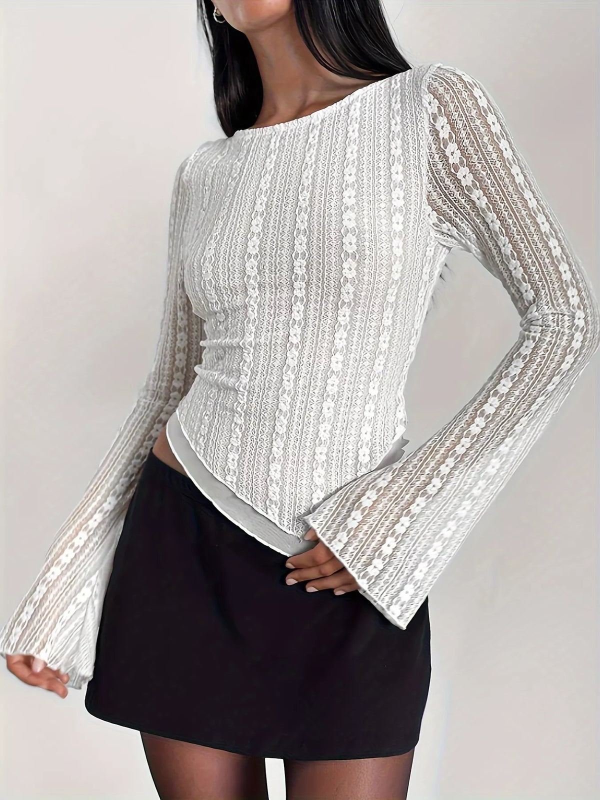 White lace blouse with asymmetric hem, front view